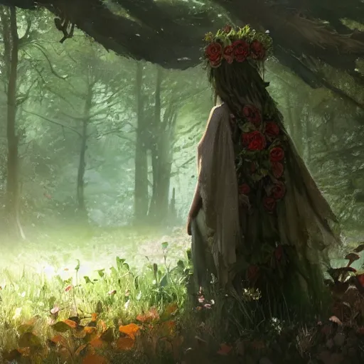 Prompt: forest creature, foliage cloak, flower crown, in an open forest, by Greg Rutkowski, trending on artstation, unreal engine, 4k, digital art