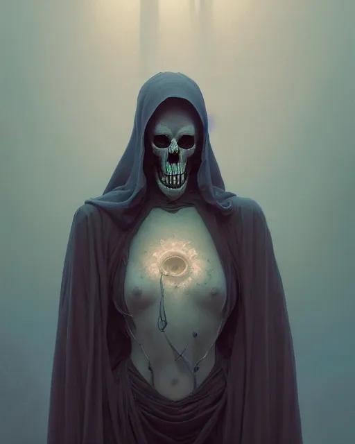 Image similar to highly detailed surreal vfx portrait of the grim reaper, stephen bliss, unreal engine, greg rutkowski, loish, rhads, beeple, makoto shinkai and lois van baarle, ilya kuvshinov, rossdraws, tom bagshaw, alphonse mucha, global illumination, detailed and intricate environment