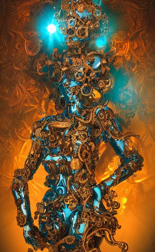 Image similar to a young beautiful hispanic metal android with a large glowing orange crystal in the center of her chest, full-body bronze cyberpunk style statue of Andromeda with glowing blue laser eyes, crown of mechanical chrysanthemums, flowing aqua silk, fabric, steampunk flowers. baroque elements, human skull. full-length view. baroque element. intricate artwork by caravaggio. many flying horses on background. Trending on artstation, octane render, cinematic lighting from the right, hyper realism, octane render, 8k, depth of field, 3D