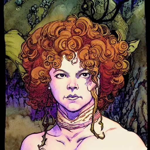 Image similar to a realistic and atmospheric watercolour fantasy character concept art portrait of adult shirley temple as a druidic warrior wizard looking at the camera with an intelligent gaze by rebecca guay, michael kaluta, charles vess and jean moebius giraud