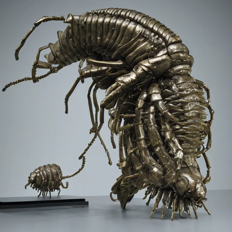 Image similar to hyperrealistic sculpture of a bronze fossilized trilobite isopod in a large cage made of green plastic wire on a pedestal by ron mueck and duane hanson and lee bontecou, hyperrealistic dramatic colored lighting trending on artstation 8 k