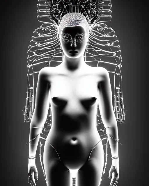 Image similar to black and white artistic photo, young female cyborg - plant goddess, microchip, artificial intelligence, bio - mechanical bio - luminescence, black wired cables, cinematic, rim light, photo - realistic, 8 k, in the style of dora maar and h. g. giger