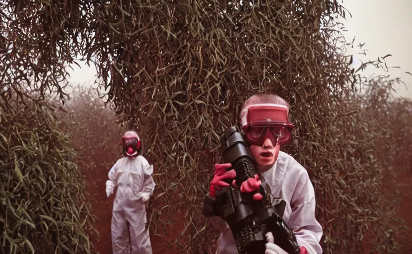 Image similar to cinestill 5 0 d photographic portrait by helen levitt of dark red hazmat scientists with guns walking through a brutalist hedge maze, extreme closeup, cinematic, modern cyberpunk, dust storm, 8 k, hd, high resolution, 3 5 mm, f / 3 2, tenet