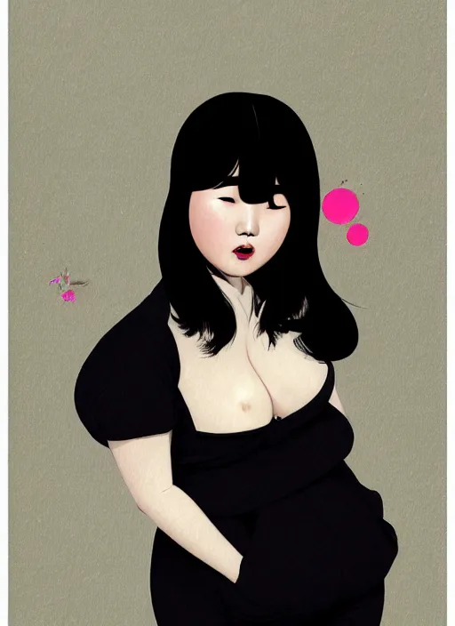 Image similar to portrait of a plump korean woman with a crooked nose and a confident expression, 1 9 6 0 s, black clothes, goth, punk, brightly coloured hair, funk, intricate, elegant, highly detailed, digital painting, artstation, concept art, smooth, sharp focus, illustration, art by wlop, mars ravelo and greg rutkowski