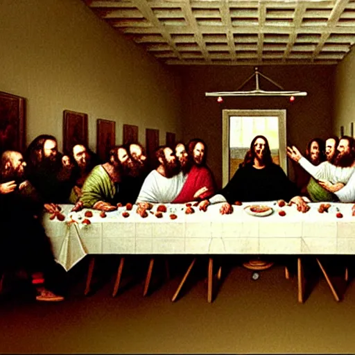 Prompt: nic cage in the last supper as painted by george w bush