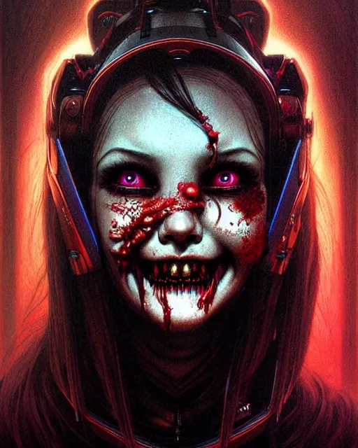 Image similar to d. va from overwatch, character portrait, portrait, close up, concept art, intricate details, highly detailed, horror poster, horror, vintage horror art, realistic, terrifying, in the style of michael whelan, beksinski, and gustave dore