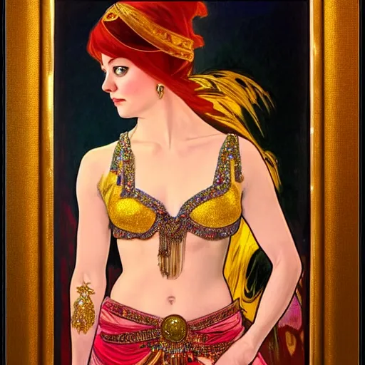 Prompt: a photorealistic portrait of actress emma stone dressed as a belly dancer, arabian night, high quality, fully detailed, 4 k, in focus sharp face with fine details, realistic hands and anatomical composition, inspired by belly dancer on youtube, alphonse mucha, masterpiece, stunning
