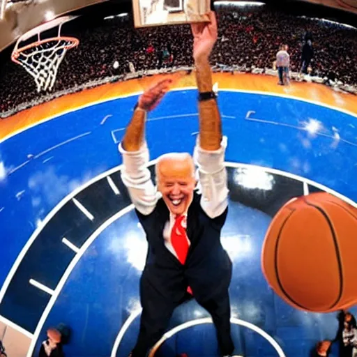 Prompt: joe biden dunking a basketball, high - definition, fisheye lens