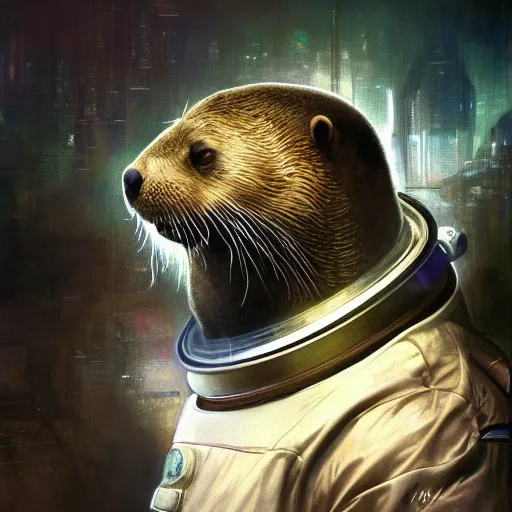 Image similar to hyperrealistic portrait of an athropomorphic otter wearing an astronaut outfit, bladerunner street, art of elysium by jeremy mann and alphonse mucha, fantasy art, photo realistic, dynamic lighting, artstation, poster, volumetric lighting, very detailed face, 4 k, award winning, cinematic lighting, deviantart, artstation, cg society