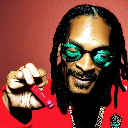 Image similar to Snoop Dog with big eyes eye color red , smiling and holding a joint in his hand