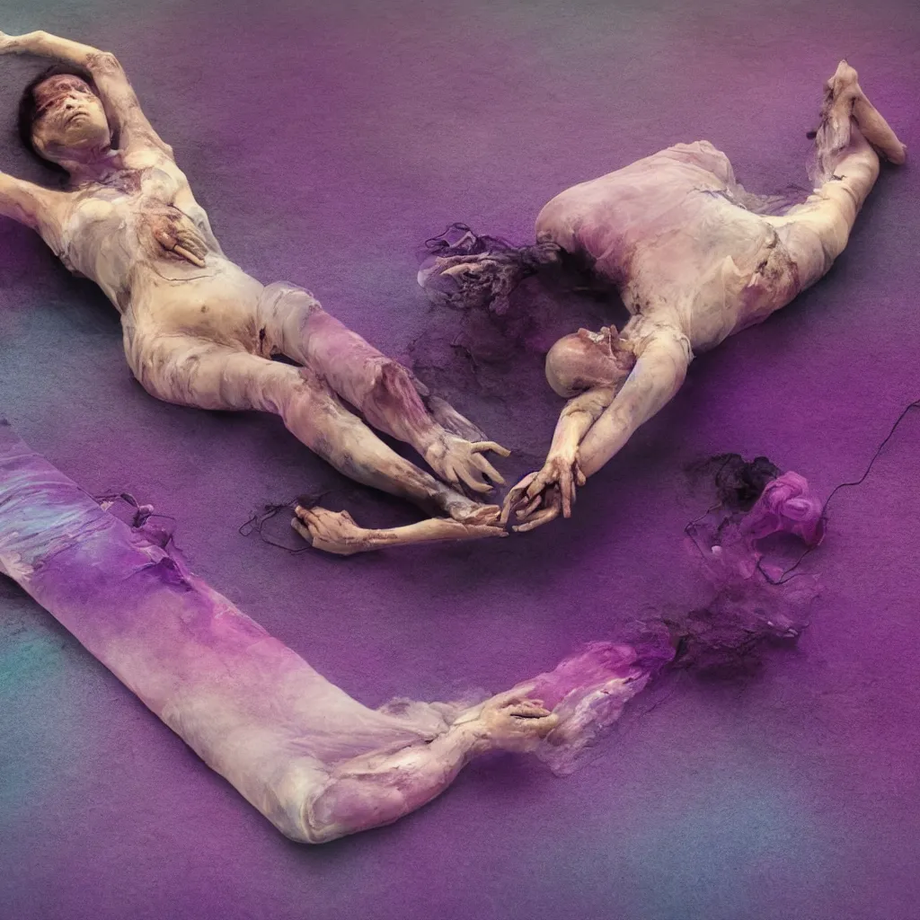 Image similar to macro of iridiscent oil spill with women corpses connected by cables and computers to wax forms to a buried baby relaxing on yoga mat, faded, iridiscent gradient, dust, purple fog, depth of field, by nadav kander and hans bellmer, 8 k, ultrarealistic, sad atmosphere, cinematic