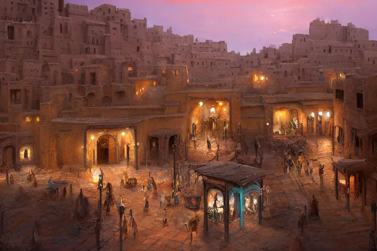 Image similar to in the middle of a adobe house kasbah town, mud and brick houses, merchant street, pueblo dense architecture, colorful crowd. Huge persian temple in a plaza, round roof. Scenic view at night, underexposed, clean horizon, matte painting by craig mullins and dan mumford, dark fantasy, style of game of thrones, concept art trending on artstation, 4k, insane details