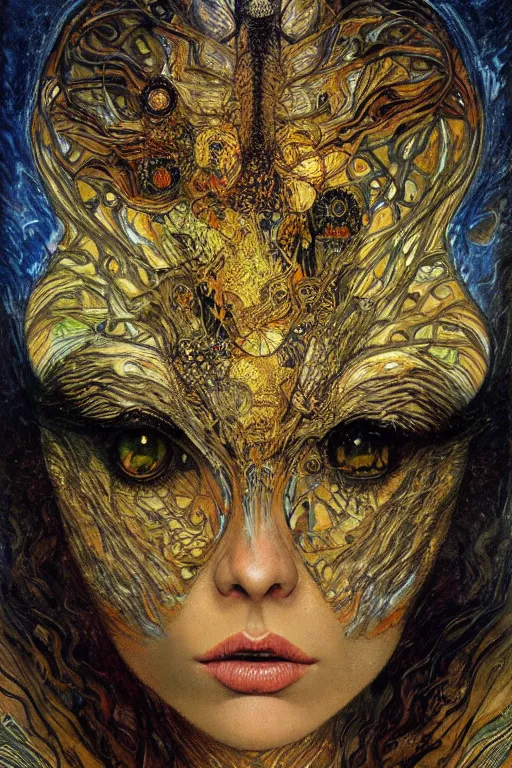 Image similar to Metamorphosis by Karol Bak, Jean Deville, Gustav Klimt, and Vincent Van Gogh, transformation portrait, chimera, visionary, cicada wings, otherworldly, fractal structures, ornate gilded medieval icon, third eye, hybrid, spirals, horizontal symmetry