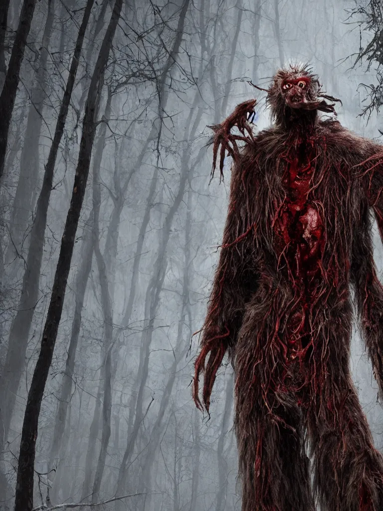 Prompt: photorealistic ultra detailed tall skinny humanoid creature with fur and blood dripping, the woods, night, extremly detailed, 8 k, realistic, sharp focus, cosmic horror creature, cosmic horror, from the movie the thing
