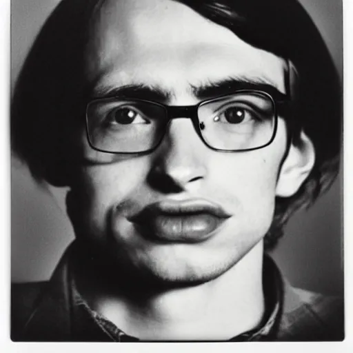 Image similar to Mugshot Portrait of Young Stephen Hawking, taken in the 1970s, photo taken on a 1970s polaroid camera, grainy, real life, hyperrealistic, ultra realistic, realistic, highly detailed, epic, HD quality, 8k resolution, body and headshot, film still, front facing, front view, headshot and bodyshot, detailed face, very detailed face