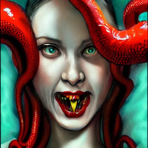 Prompt: highly photorealistic expired fuji film portrait of woman with long tentacled red tongue combined with stranger creatures, in the style of frank bairstow, artgerm, james cameron, marvel comics, ridley scott, cinematic lighting, imax quality, 8 k, award winning photography