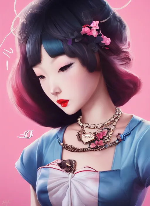 Image similar to a pin up and beautiful fashion dreamlke japan girl with lv jewelry, character art, art by artgerm, wlop, loish, hyperdetailed, 8 k realistic, symmetrical, global illumination, radiant light, frostbite 3 engine, cryengine, dof, trending on artstation, digital art, chanel, dior, detailed background