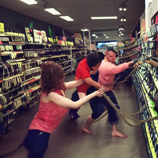 Prompt: people fighting for the best rope at the store