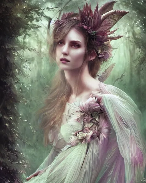 Prompt: beautiful forest fairy in a scenic woods, sweet, graceful wings muted colors, sharp focus, high fantasy art, fairy aesthetics, intricate, elegant, highly detailed, hyperrealistic painting, artstation, concept art, v painterly, dreamy, soft illumination, hasselbrad photography, illustration, art by artgerm and scot howden