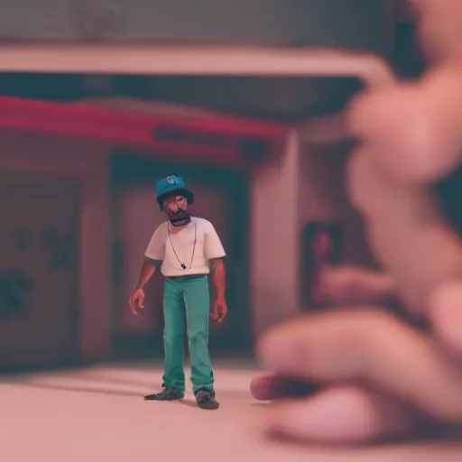 Image similar to a cinematic film still of a claymation stop motion film starring chance the rapper as a college student, shallow depth of field, 8 0 mm, f 1. 8