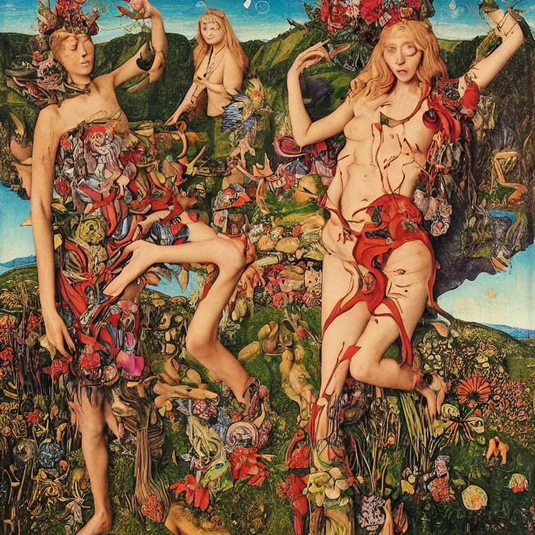 Image similar to a wide mountainous river valley with a tattood lady with animal stripes, antlers and wings transforming into a flower while the stars look like flowers by jan van eyck, ernst fuchs, nicholas kalmakoff, character, full body, max ernst, hans holbein, portrait, fashion editorial