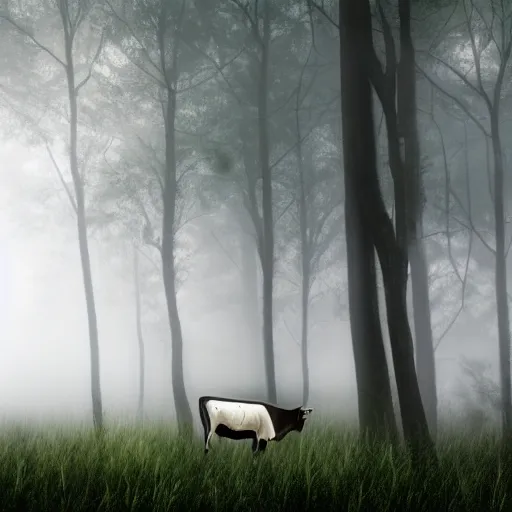 Image similar to Highly realistic painting of a cow standing in the middle of a dark forest, oak trees, fog, moody lighting, volumetric lighting