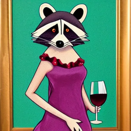 Image similar to a racoon wearing an elegant night gown holding a cup of wine