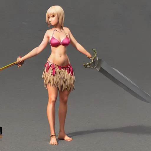 Image similar to a short woman, valkyrie style character, tropical bikini and extra long flowing skirt, oversized broad sword larger than character, by ilya kuvshinov, krenz cushart, pixiv. zbrush sculpt, octane, maya