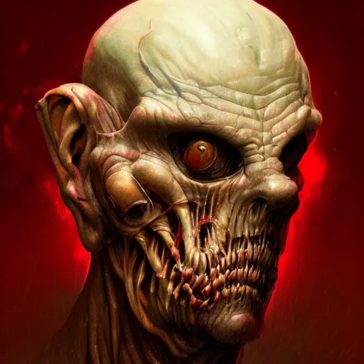 Image similar to character concept art portrait of a horror creature, depth of field background, artstation, award - winning realistic sci - fi concept art by jim burns and greg rutkowski, beksinski, a concept art masterpiece, red color palette, james gilleard, bruegel, alphonse mucha, and yoshitaka amano.