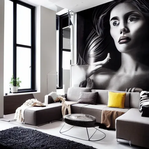 Image similar to mural on the wall of a modern loft, beautiful architecture, popular interior design style, cinematic lighting