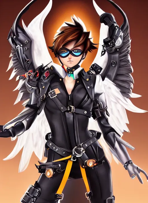 Image similar to full body artwork of tracer overwatch wearing leather collar, angel wings, dramatic painting, symmetrical composition, wearing detailed leather collar, black shiny armor, chains, black harness, detailed face and eyes,