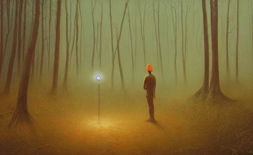 Prompt: a lone man with a torch defends himself in a forest clearing by Beksinski, 4k, masterpiece