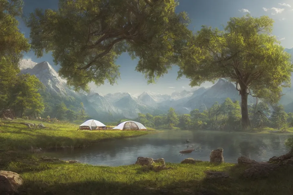 Prompt: rendering of a scene with a tent near the river in the mountains overlooking a lake by makoto shinkai and thomas kinkade, fantasy matte painting, trending on cgsociety and unreal engine, light effect, highly detailed, super wide angle