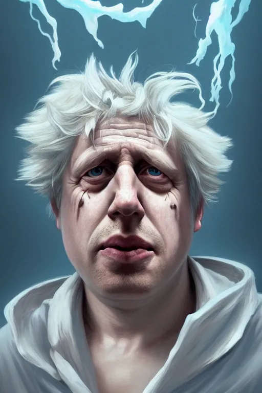 Image similar to Boris Johnson as Rick Sanchez, one eyebrow, white robe, big eyes, 3d octane render, symmetrical, highly detailed, digital painting, artstation, concept art, smooth, sharp focus, illustration, cinematic lighting, art by artgerm and greg rutkowski and alphonse mucha