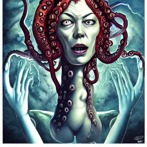 Prompt: scorn giger venom alien doom zdislaw bekinski horror hell alien tentacles satan fire flame octopus, beautiful underwater redhead woman portrait of emma stone as a belly dancer, pixar style, by tristan eaton stanley artgerm and tom bagshaw.