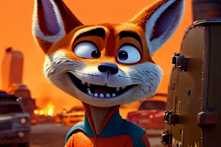 Image similar to nick wilde ( from zootopia ), heavily armed and armored facing down armageddon in a dark and gritty reboot from the makers of mad max : fury road