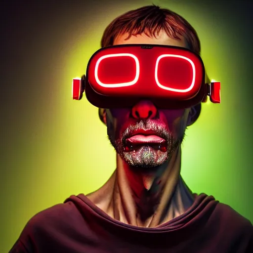 Image similar to Colour Caravaggio Bosch style Photography of Man with reflecting glowing skin with highly detailed 1000 years old face with reflecting glowing skin wearing highly detailed sci-fi VR headset designed by Josan Gonzalez. Many details . In style of Josan Gonzalez and Mike Winkelmann and andgreg rutkowski and alphonse muchaand and Caspar David Friedrich and Stephen Hickman and James Gurney and Hiromasa Ogura. Rendered in Blender and Octane Render volumetric natural light