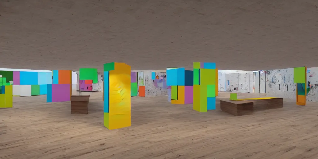 Image similar to a high colourful coloured 3 d octane model of a brutalism art gallery with wooden floor in walnut, highly detailed