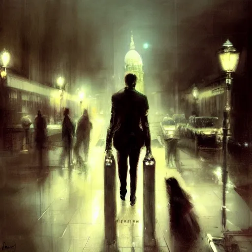 Image similar to walking the streets of london at night by raymond swanland, highly detailed, dark tones