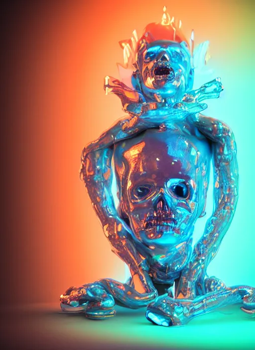Image similar to photo of fullbodied baroque and bladerunner neon drippy tar sculpture of seductive ceramic albino ceramic prince brian whittaker dotado lavendar iridescent humanoid deity wearing orange plastic fluffy hoody holding diamond skull in a blue alien dungeon, reclining, glowing rainbow face, crown of white diamonds, cinematic lighting, photorealistic, octane render 8 k depth of field 3 d