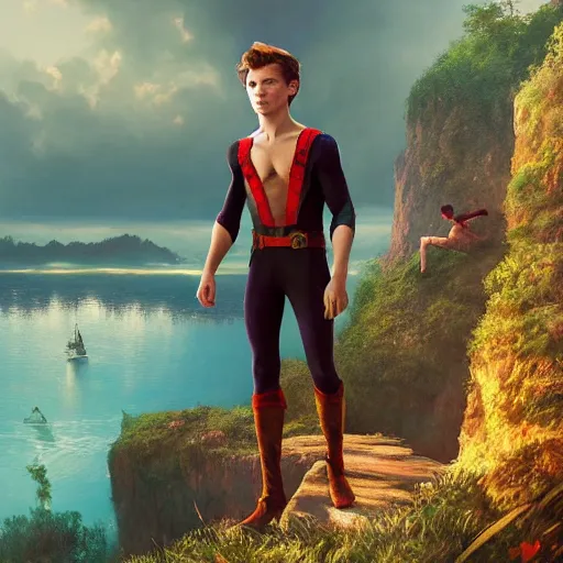 Prompt: Tom Holland as peter pan,looking over the horizon,river in front of him,detailed, 8k hd,by rossdraws and greg rutkowski,in the style of a Instagram profile picture