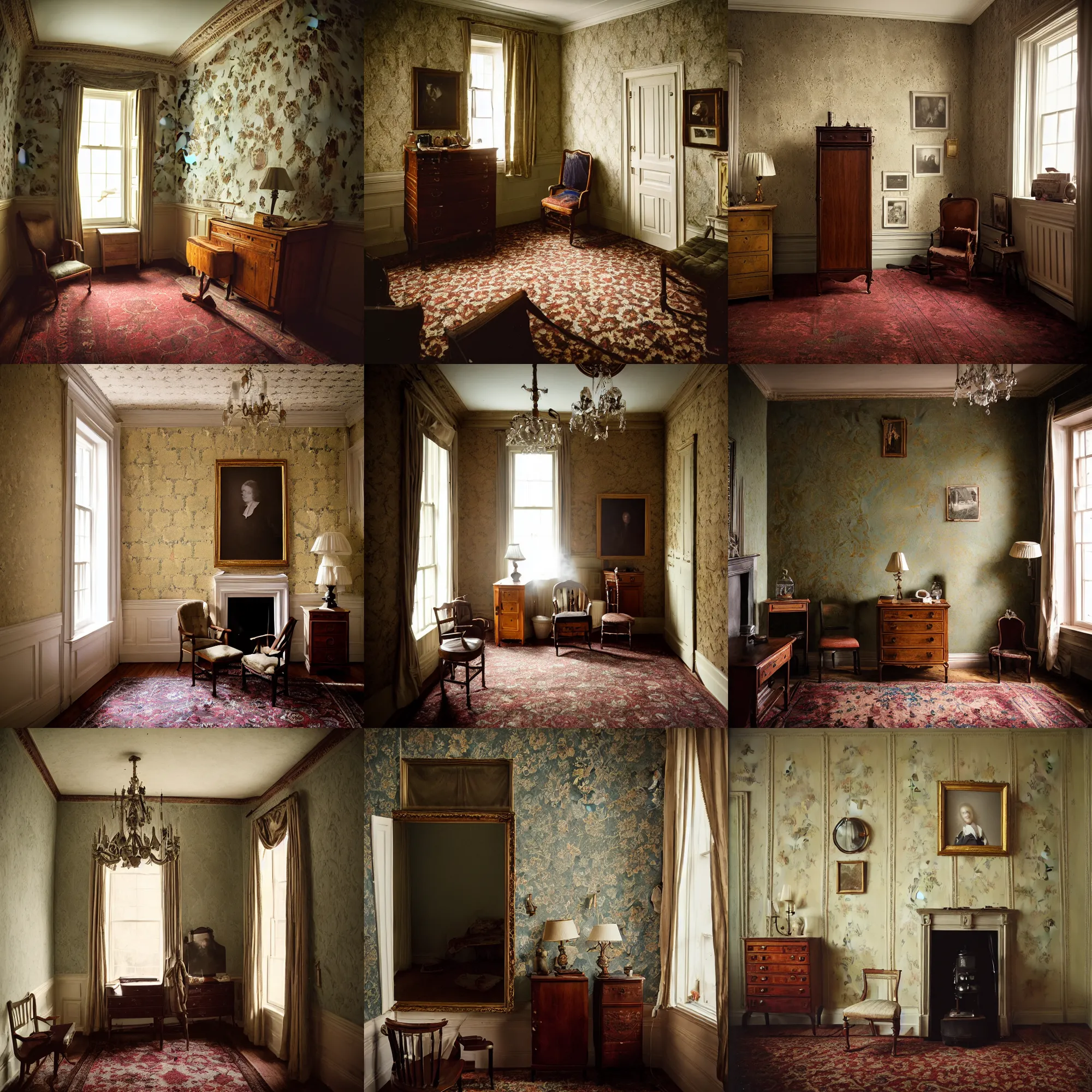 Prompt: kodak portra 4 0 0, wetplate, 8 mm extreme fisheye, award - winning portrait by britt marling of a 1 7 5 0 s room, the walking dead, picture frames, shining lamps, dust, smoke 1 7 5 0 s furniture, wallpaper, carpet, interior, muted colours, fog