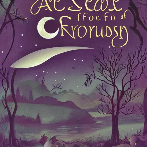 Prompt: a serene forest of faeries, beautiful double crescent moon in the night sky, children\'s book cover