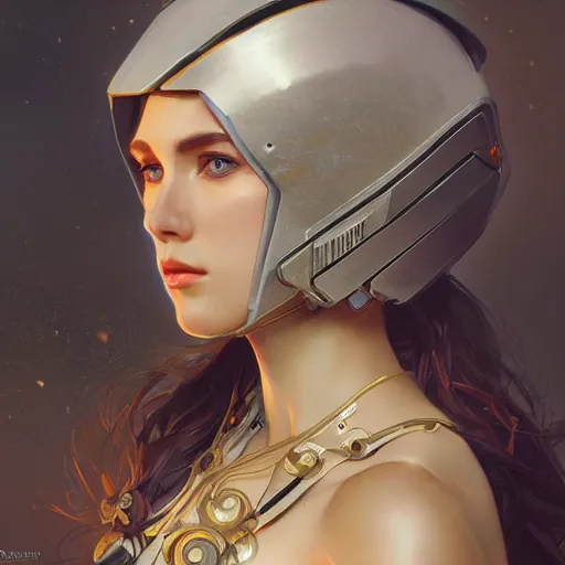 Image similar to portrait painting of russian gorgeous woman in mecha black helmet, by artgerm and greg rutkowski and alphonse mucha, ultra realistic, concept art, intricate details, highly detailed, photorealistic, octane render, 8 k, unreal engine