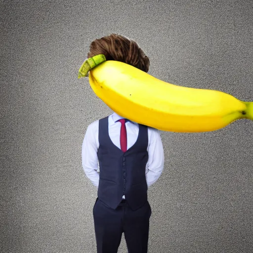 Image similar to a person with a banana head wearing a business suit