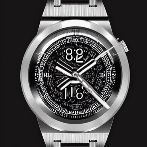 Prompt: a watch made of silver with klingon numbers on the watch face