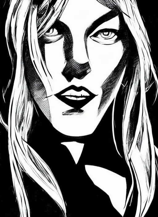 Prompt: gwen stacy, high contrast, concept art, dramatic lighting, portrait, facing forward, face in focus, art by Frank Miller