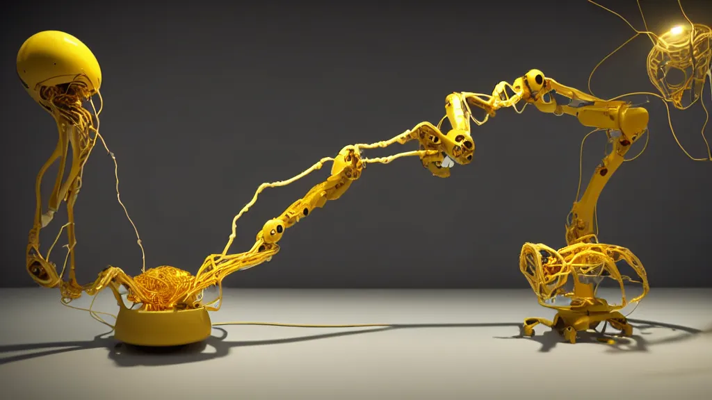 Image similar to a complex bifurcated robotic cnc surgical arm hybrid 3 d printer machine making organic ceramic kintsugi mandlebulb forms in the laboratory room, very thin gold wire, film still from the movie directed by denis villeneuve with art direction by salvador dali, wide lens, f 3 2, cinematic lighting, studio quality, smooth render, unreal engine 5 rendered, octane rendered