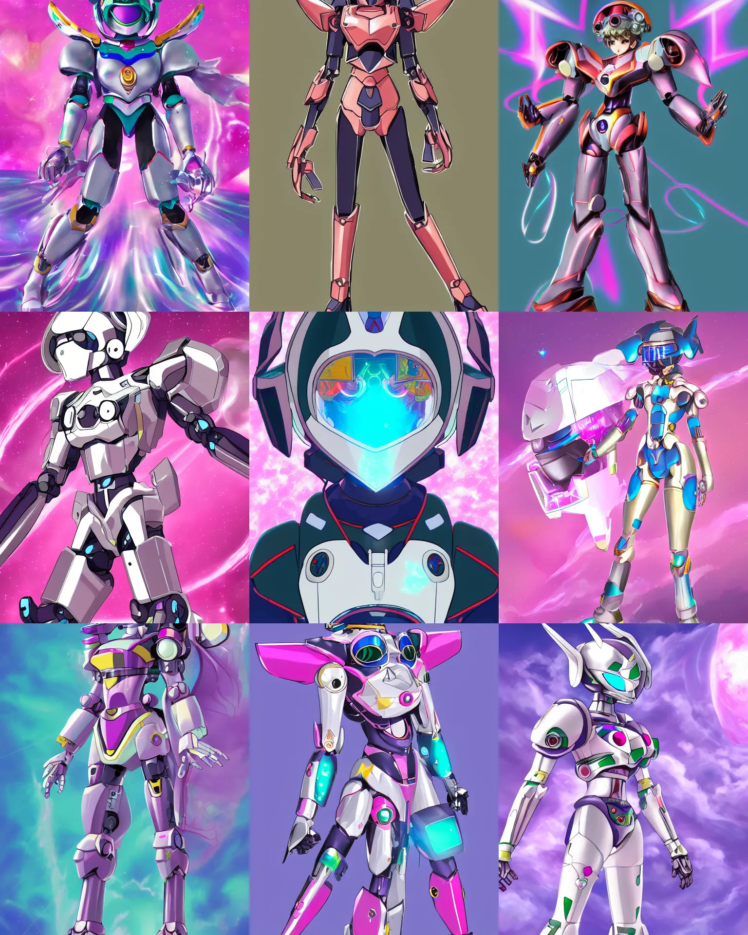 Prompt: mecha magical girl with a heart visor helmet Tokusatsu Suit vaporwave full body character portrait, digital art, artstation, sailor moon