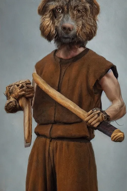 Prompt: Slavic dog head man, woolen torso in medieval clothes, oil painting, hyperrealism, beautiful, high resolution, trending on artstation, with an axe,
